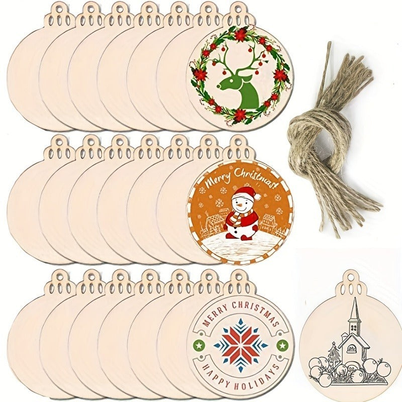 10PCS Unfinished Predrilled Wood Slices, Round Blank Discs With Natural Twine, For DIY Crafts, Christmas Party Decorations