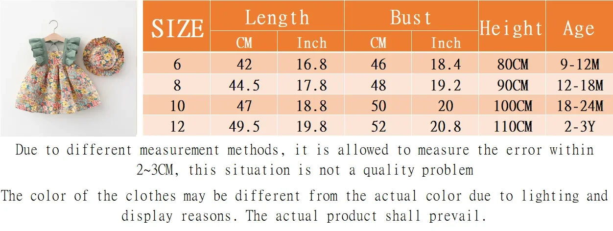 New Summer Baby Girls Dress Floral Print Full Print Sweet Princess Dress Bow Ribbon Small Flying Sleeves + Hat (0-3 Years)