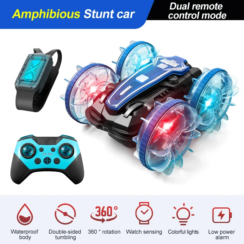 New LED Amphibious RC car Dual remote control waterproof stunt car double side flip drift drive 360 ° rotation rc cars Kids toy