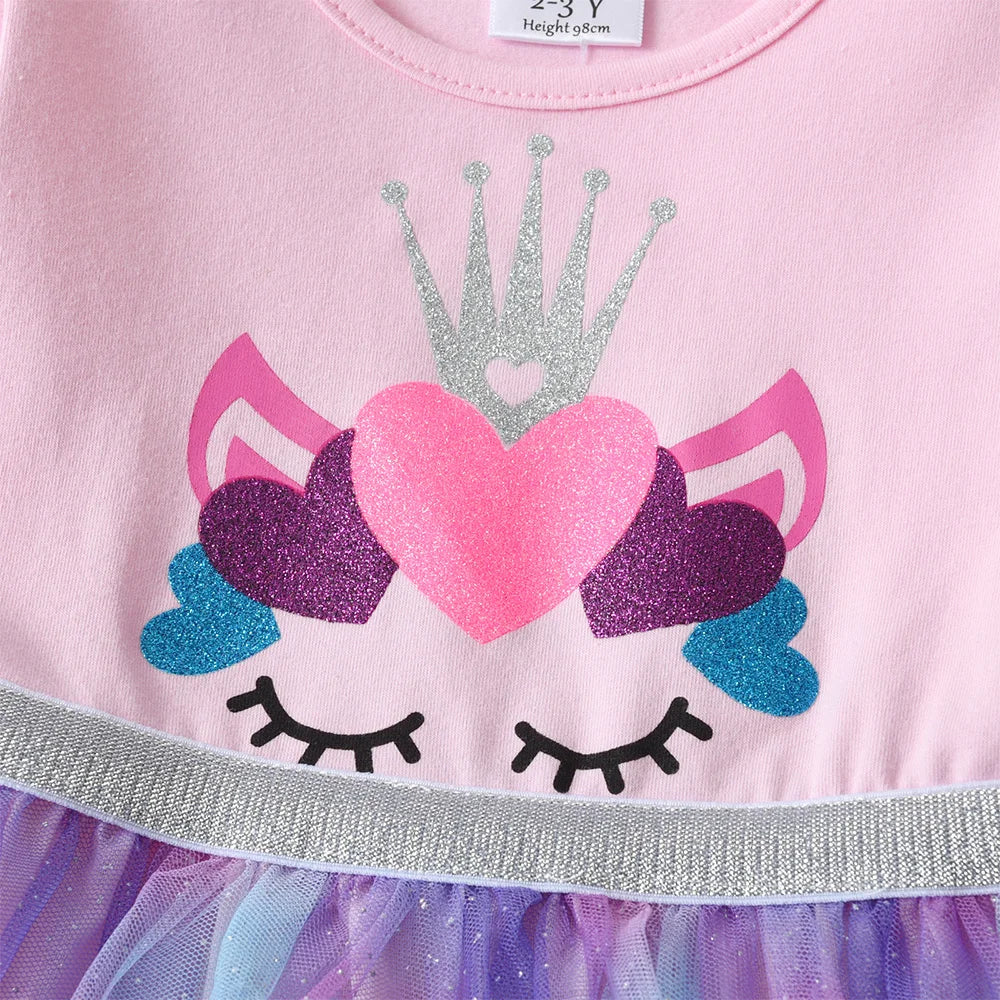 VIKITA Girls Unicorn Cartoon Print Dress Kids Long Sleeve Autumn Spring Pink Dress Girls O Neck Mesh Tulle Tutu Layered Vestidos