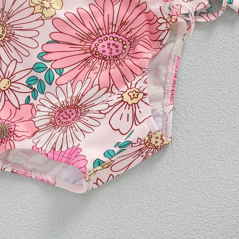 Infant Girls  Rash Guard Swimsuit with Long Sleeves and Cute Floral Print Baby Beachwear Tie-Up Bathing Suit