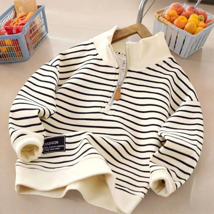 2025 New Boys' Medium-Large Lightweight Autumn Polo-Style Sweatshirt - Striped Half-Zip with Stand Collar & Lapel Top