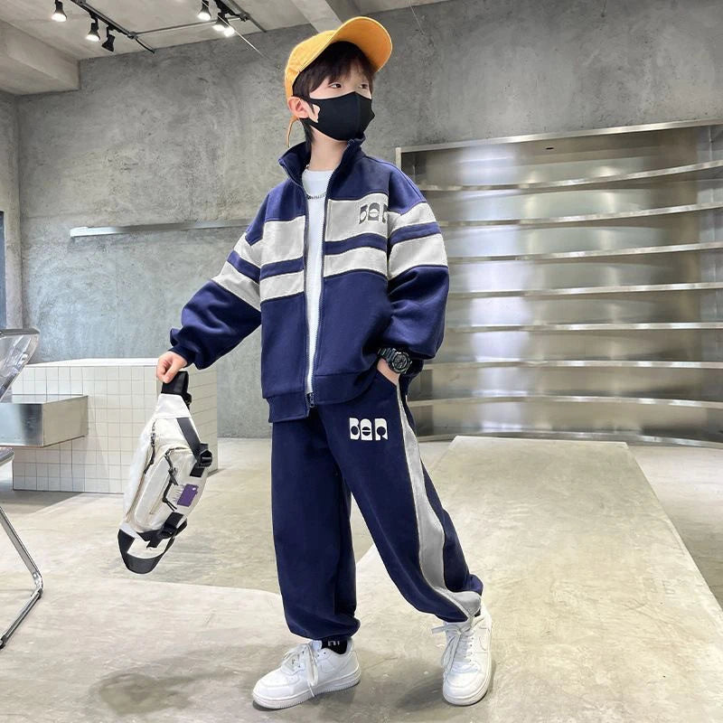 Fashion Boys Clothing Set Spring Autumn Patchwork Zipper Coat Pants 2Pcs For 4-12 Years Kids Tracksuits Teenager Casual Outfits