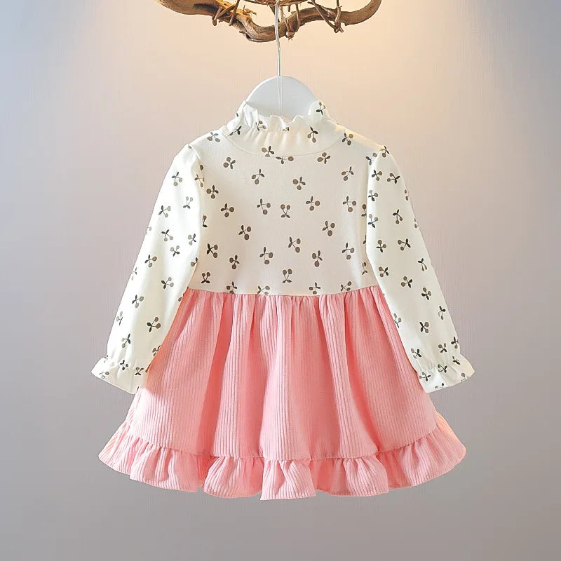 New Fall New Girls Dress Fake Two Upper Body Knitwear Suspenders Corduroy Floral Bear Fluffy Lace Pleated Sweet Princess Dress