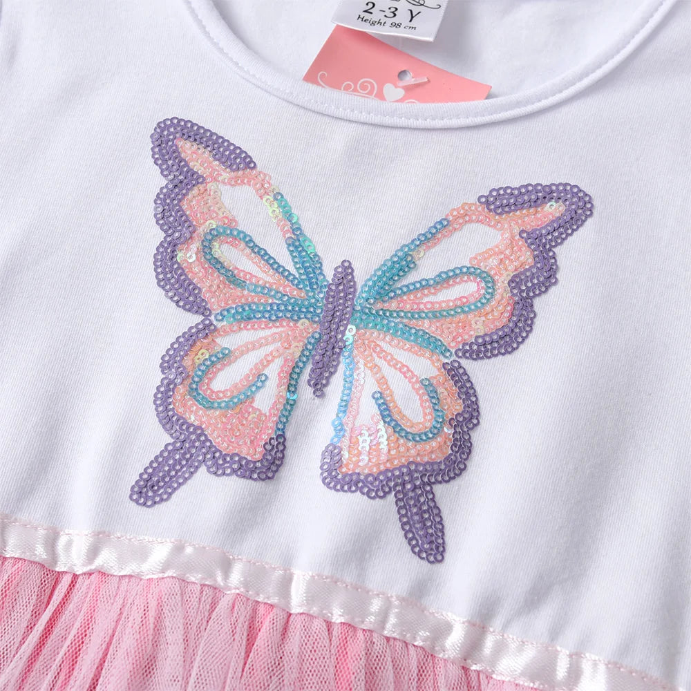 VIKITA Girls White Short Sleeve Dress Kids Colorful Sequined Butterfly Appliqued Gradient Tulle Fashion Elegant Princess Dress