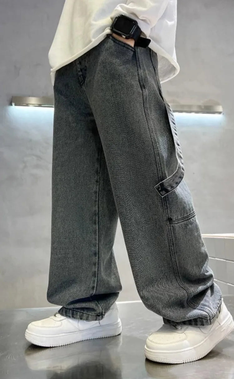 2025 Spring Boys' Wide-Leg Jeans Loose-Fit Trendy Streetwear for Kids Ages 8-14