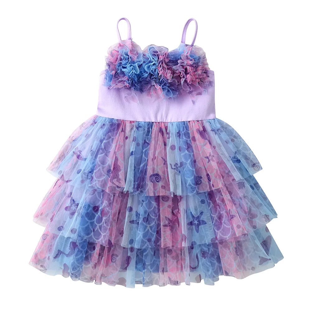 VIKITA Girls Sleeveless Dress Kids Sling Lace Mesh Tulle Tutu Princess Dresses Girl Starfish Print Floral Birthday Party Dress