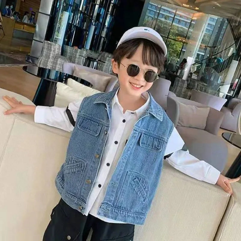 Kids Boys' Korean Style Denim Vest Jacket Spring Autumn Outerwear Versatile Stylish Kids' Clothing