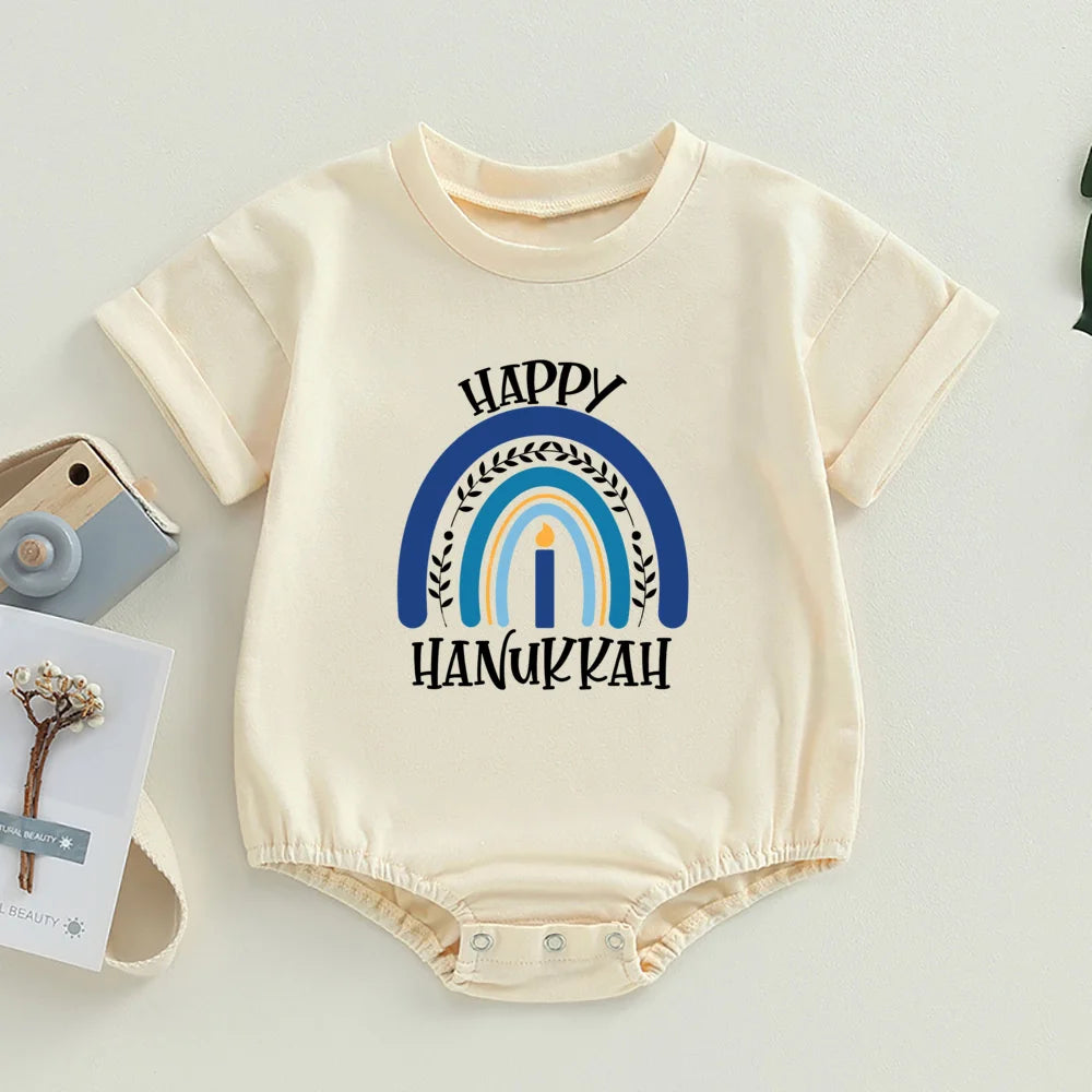 Happy Hanukkah Baby Bubble Romper Jewish  Oversized T-Shirt Romper Shirts Chanukah Boys Girls Clothes Hanukkah Infant Jumpsuit
