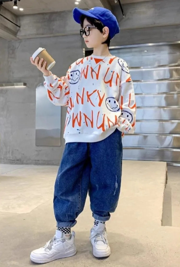 Boys' Medium-Large 2025 New Spring/Autumn No Hood Sassy Street-Style Long Sleeve Layering Top Sweatshirt