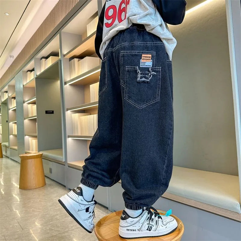 2025 New Boys' Denim Jeans Spring Autumn Kids Casual Sport Pants Long Korean Style Trendy Streetwear