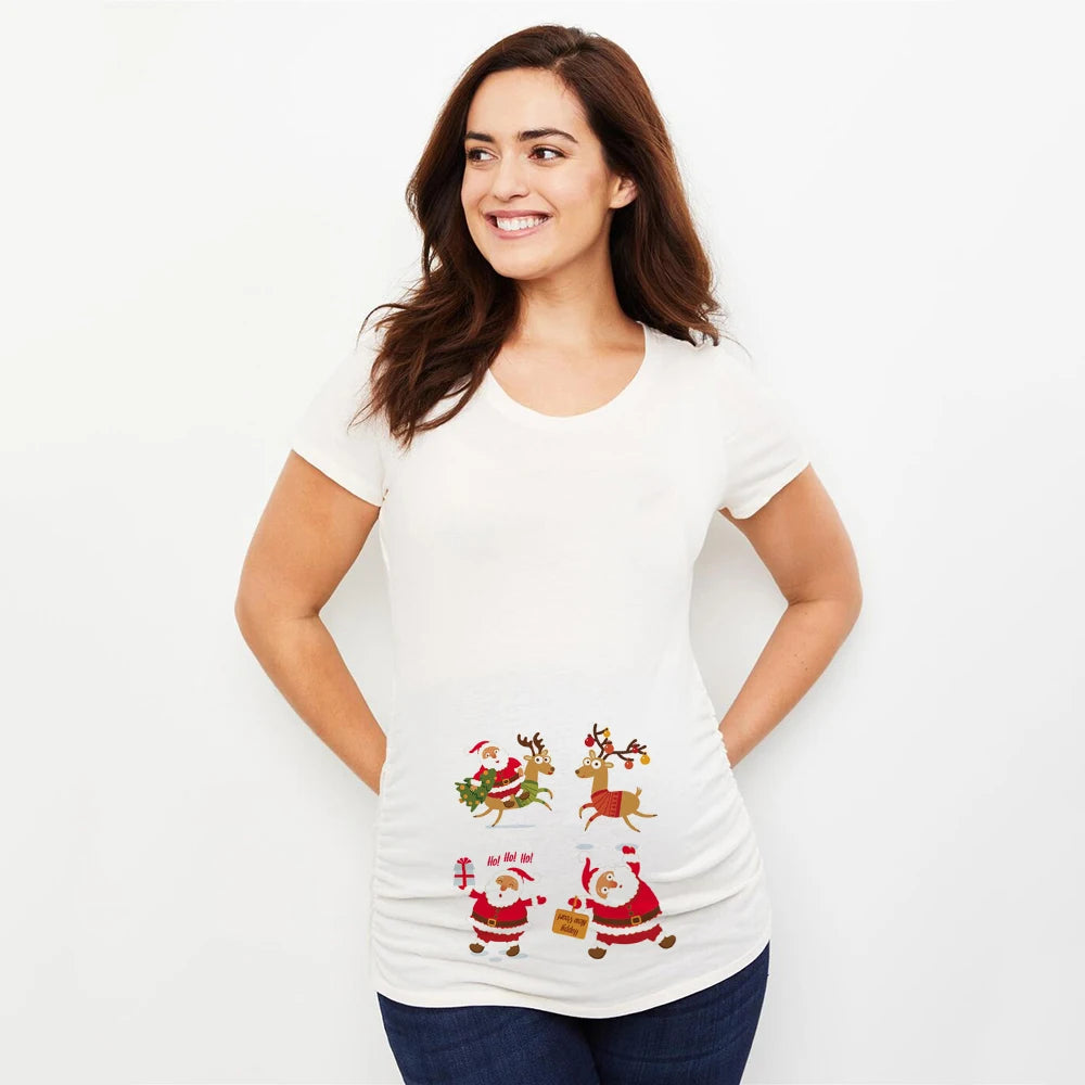 Merry Christmas Cartoon Print Maternity T-shirt Xmas Casual Pregnant Women Reindeer Graphic T Shirt Pregnancy Announcement Tees