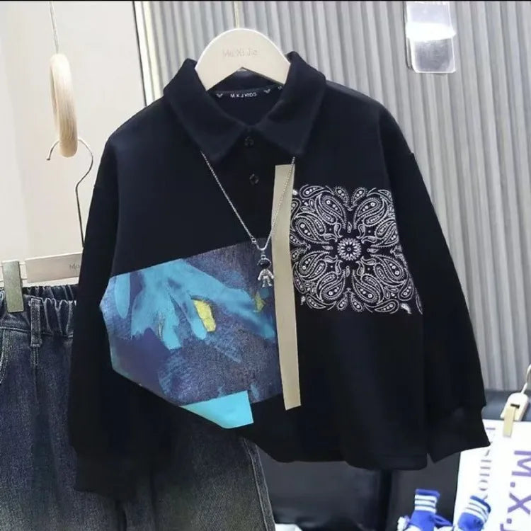 Boys' Medium-Large 2025 New Spring/Autumn No Hood Street-Style Casual Polo Collar Layering Top Trendy Kids Sweatshirt