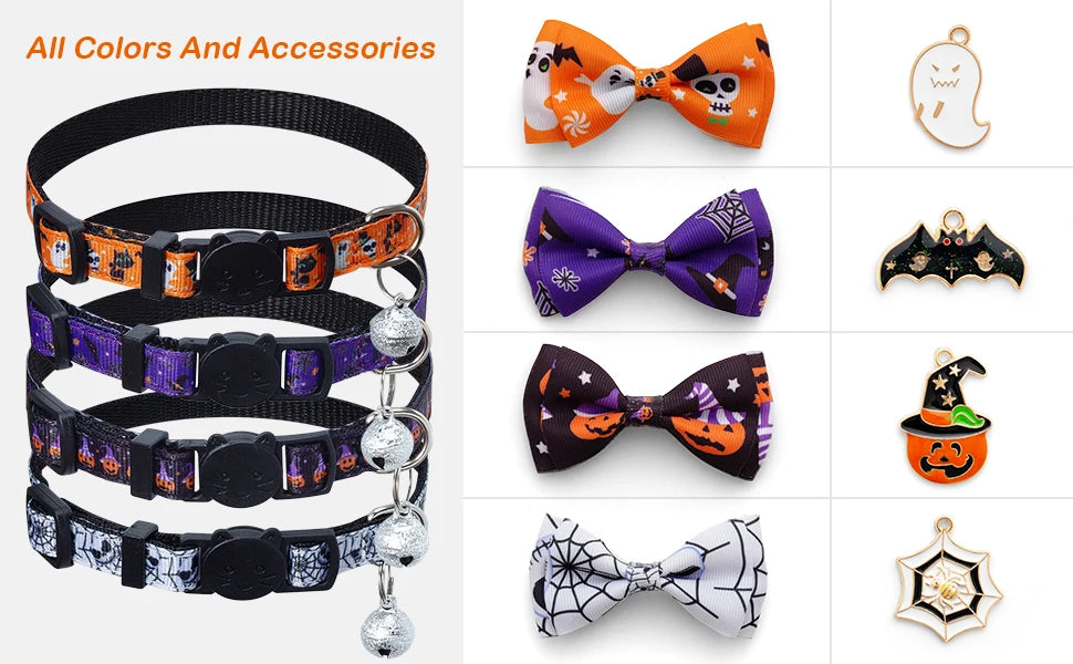 1/4 Pcs Halloween Cat Collar with Bow Tie & Bell Adjustable Breakaway Kitten Collar for Kitty Kitten Adult Cats Dog Pet Supplies