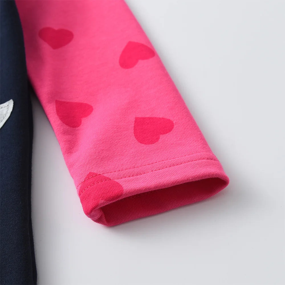 VIKITA Kids Autumn Winter Thick Hoodies Dress for Girl Rabbit Rainbow Appliqued Straight Dresses Kids Heart Design Cotton Dress