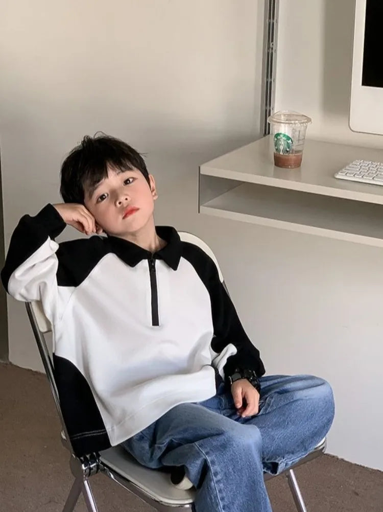 Boys' 2025 Spring/Autumn New Arrival Cotton Punk-Style Street-Savvy Trendy Polo Collar Sweatshirt - Stylish Baby Boys' Top