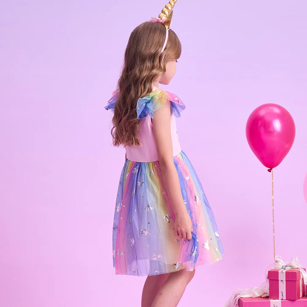 VIKITA Girls Tutu Dress Toddlers Summer Flare Sleeve Princess Dresses Girl Unicorn Cartoon Party Layered Dress Children Clothing