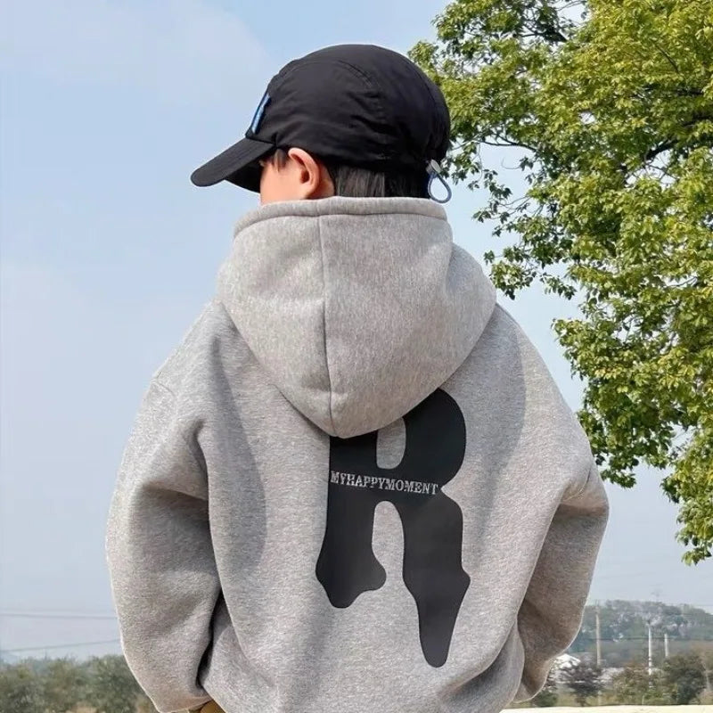 2025 New Boys' Mid-Large Maillard Fleece-Lined Hooded Hoodie - Stylish Autumn Winter Spring Kids' Top