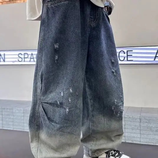 2025 New Boys' Gradient Denim Jeans Straight Leg Loose Fit Wide Pants for Kids Spring/Fall Casual Wear, Trendy & Stylish
