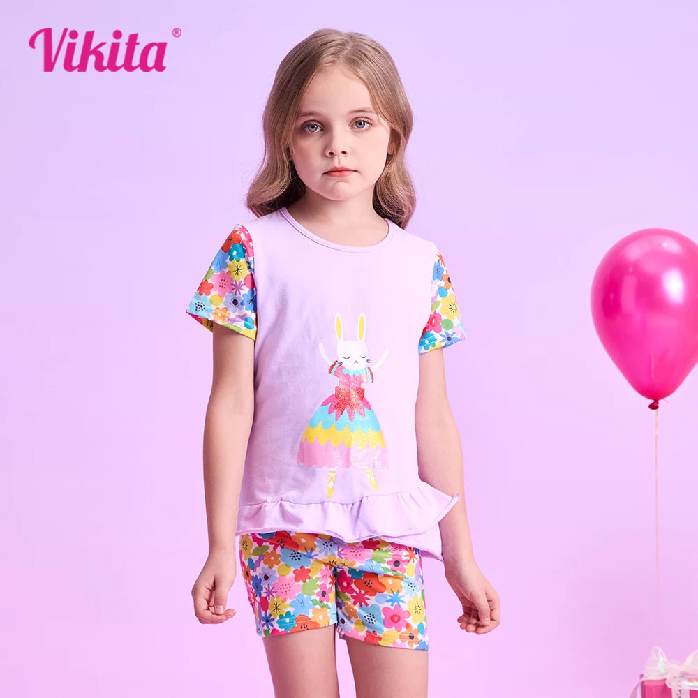 VIKITA Girls Clothing Sets for Summer Kids Rabbit Floral Print Cotton Short Sleeve T Shirt and Pants 2 Pcs Suit Clothes Sets