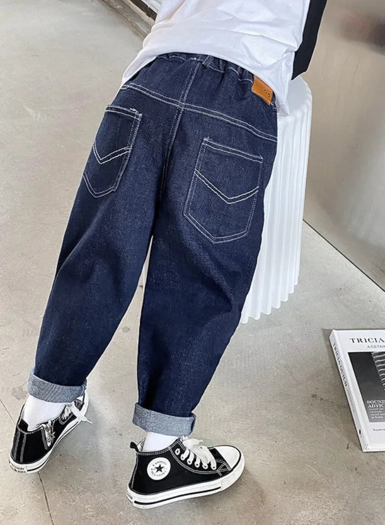 2025 New Boys' Fleece-Lined Jeans for Big Kids - Spring Autumn Autumn Long Pants Kids' Clothing