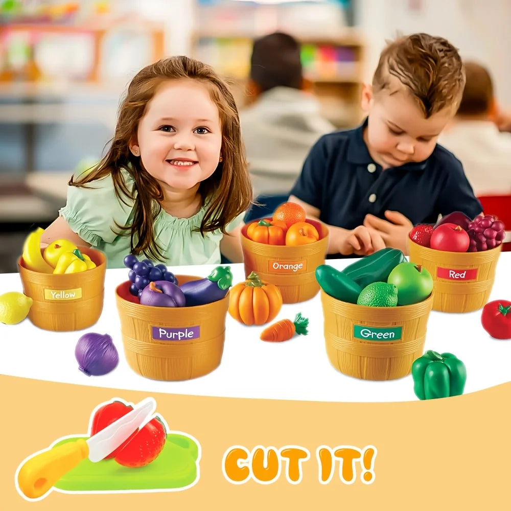 Learning Toys Food Play Set for Toddlers Cutting Fruit & Vegetables Pretend Play Kitchen Color Sorting Toy for Kids Boys Girls