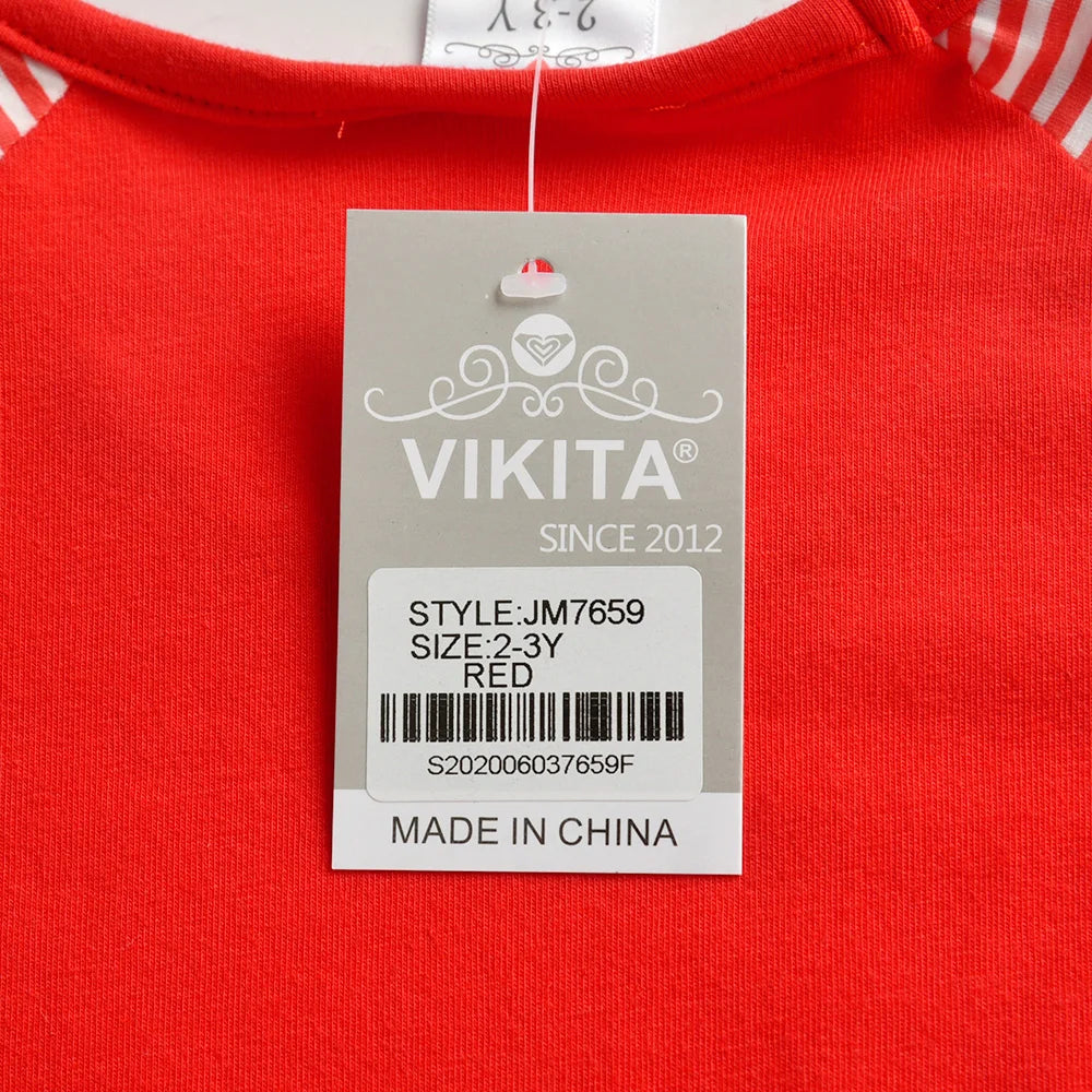 VIKITA Children Cotton Casual Daily School Straight Dress Kids Licorne Cartoon Appliqued Red Striped Long Sleeve Dresses 3-5 Yrs