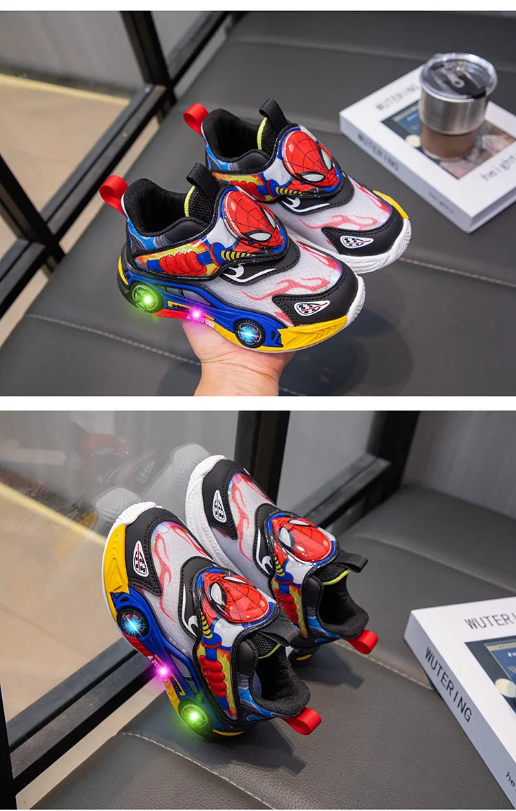 Disney Children's Shoes Fashion Cartoon LED Lights Spiderman Sneakers for Boys Breathable Sport  Anti-slip Student Shoes Size 26