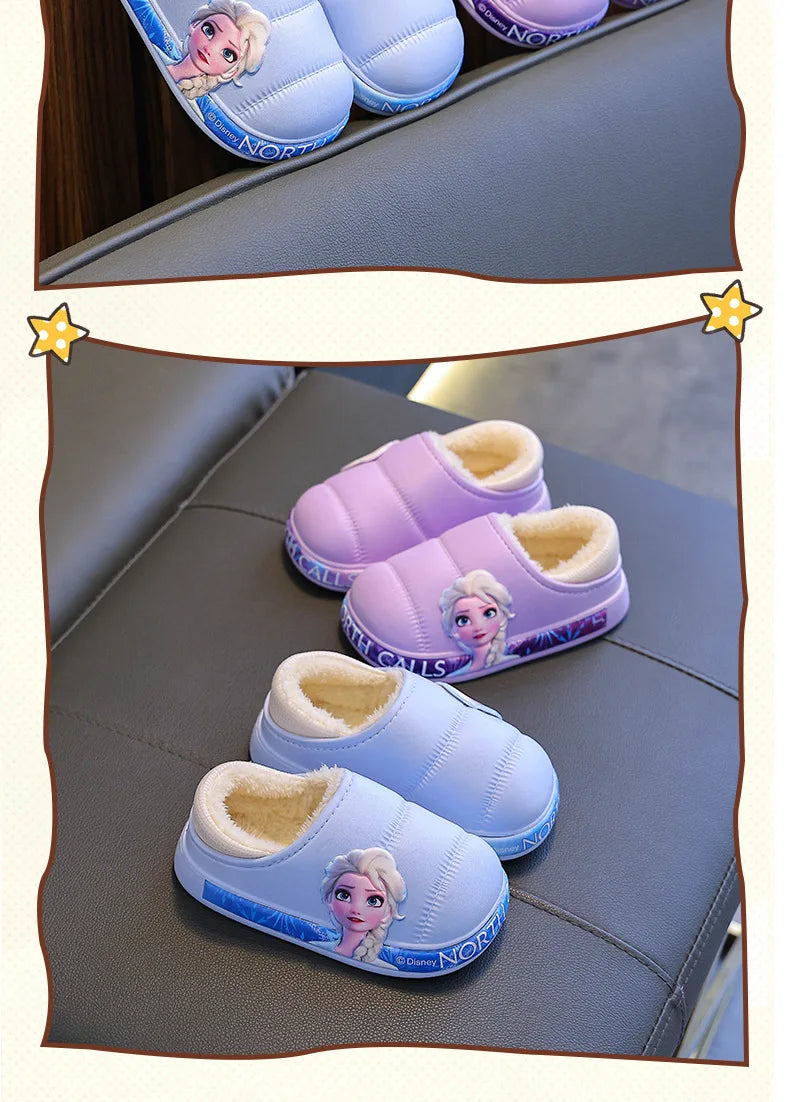 Disney Princess Elsa Girls' Cotton Frozen Winter Waterproof Wool Slippers Cartoon Parent Children's Blue Slippers Size 24-36