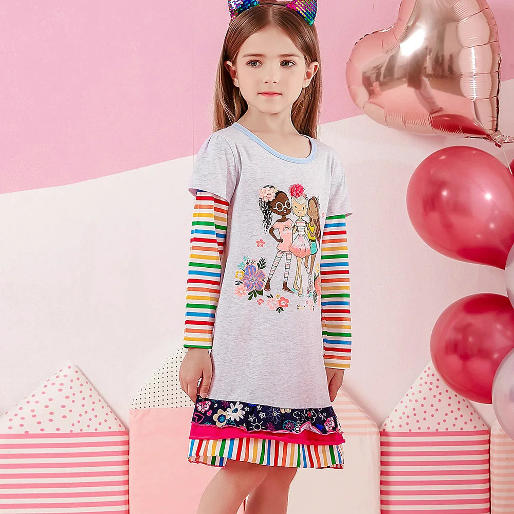 VIKITA Kinder Baumwoll-Freizeitkostüme Kleinkinder Herbst Frühling Minikleid Kinder Blumen Puppenmuster Regenbogen Prinzessin Alltagskleidung