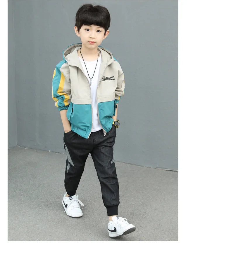 New Handsome Teenager Boys Hoodies Fashion Splicing Style Coat For Kids 3-12 Years Children Windbreaker Jacket
