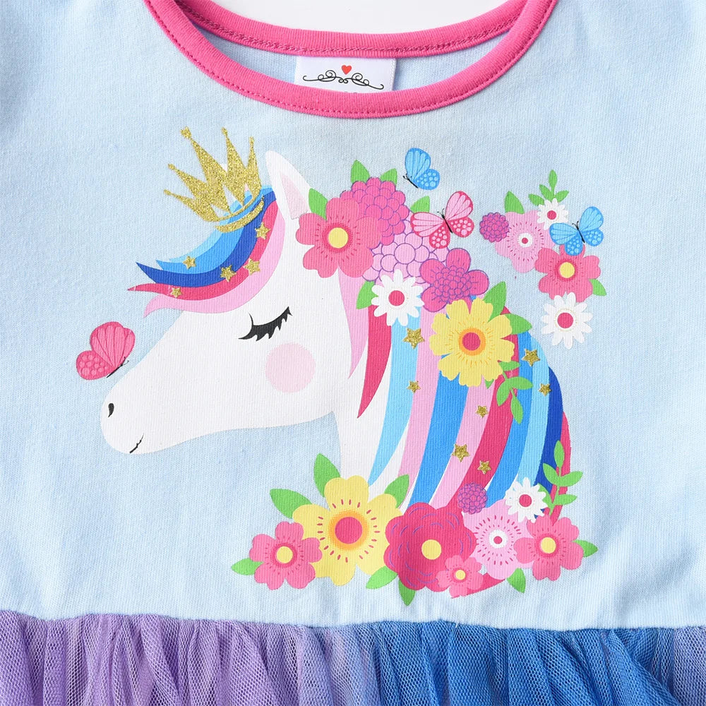 VIKITA Children Clothing Kids Licorne Flower Print Dress Kids Performance Birthday Party Prom Gown Girls Princess Tutu Dresses