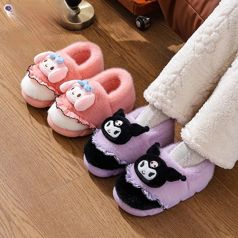 Kids' Slippers House Shoes Cartoon Kuromi With Heel Cover Winter Shoes For Girls Warm Anti-slip Pink Pruple Shoes Size 35-41