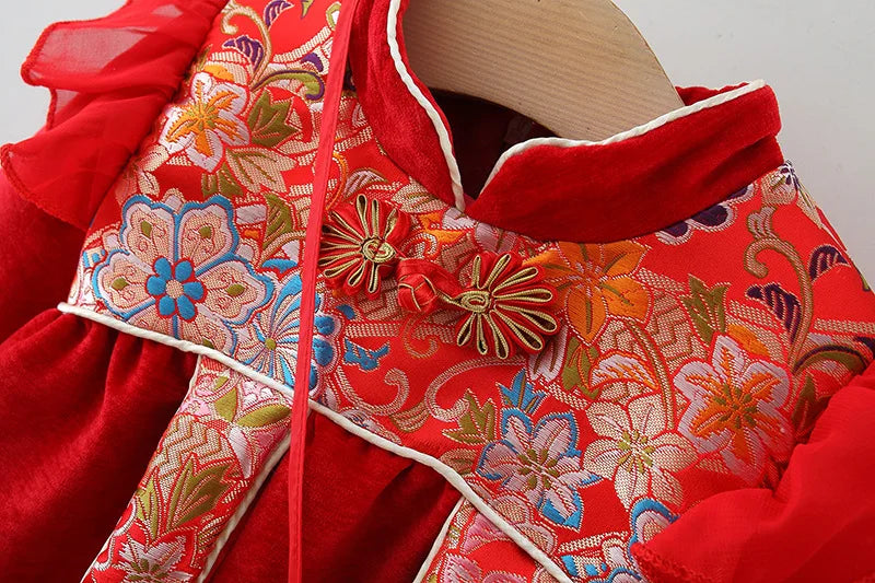 New Winter Embroidered Baby Girl Dress, Retro Style Children'S Clothing For Spring Festival Parties+Red Envelope Bag Giveaway