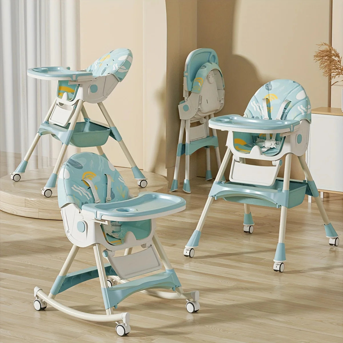 3-in-1 Convertible Baby High Chair Foldable Infant Chair Rocking Chair with Harness Lockable Wheels Removable Seat & Trays