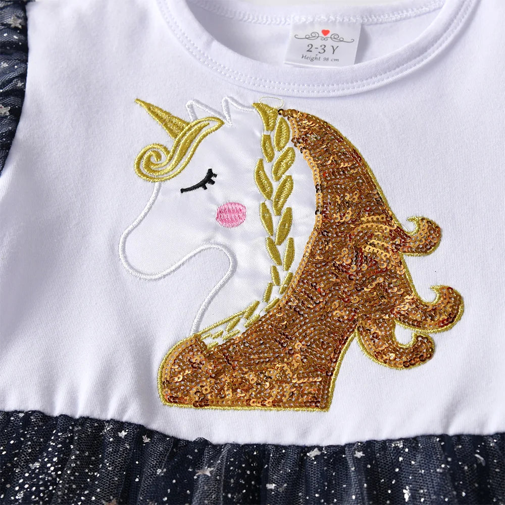 VIKITA Kinder Einhorn-Cartoon-Kleid Mädchen ausgestellte Ärmel Herbst Frühling Kleider mit ausgestellten Ärmeln Mädchen mehrlagiges unregelmäßiges Netz-Tüllkleid