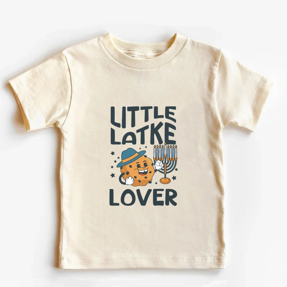 Kids Hanukkah Latke Shirt Little Latke Lover Jewish Menorah Hebrew Holiday Tops Happy Hanukkah Jewish T-Shirt Toddler Youth Tee