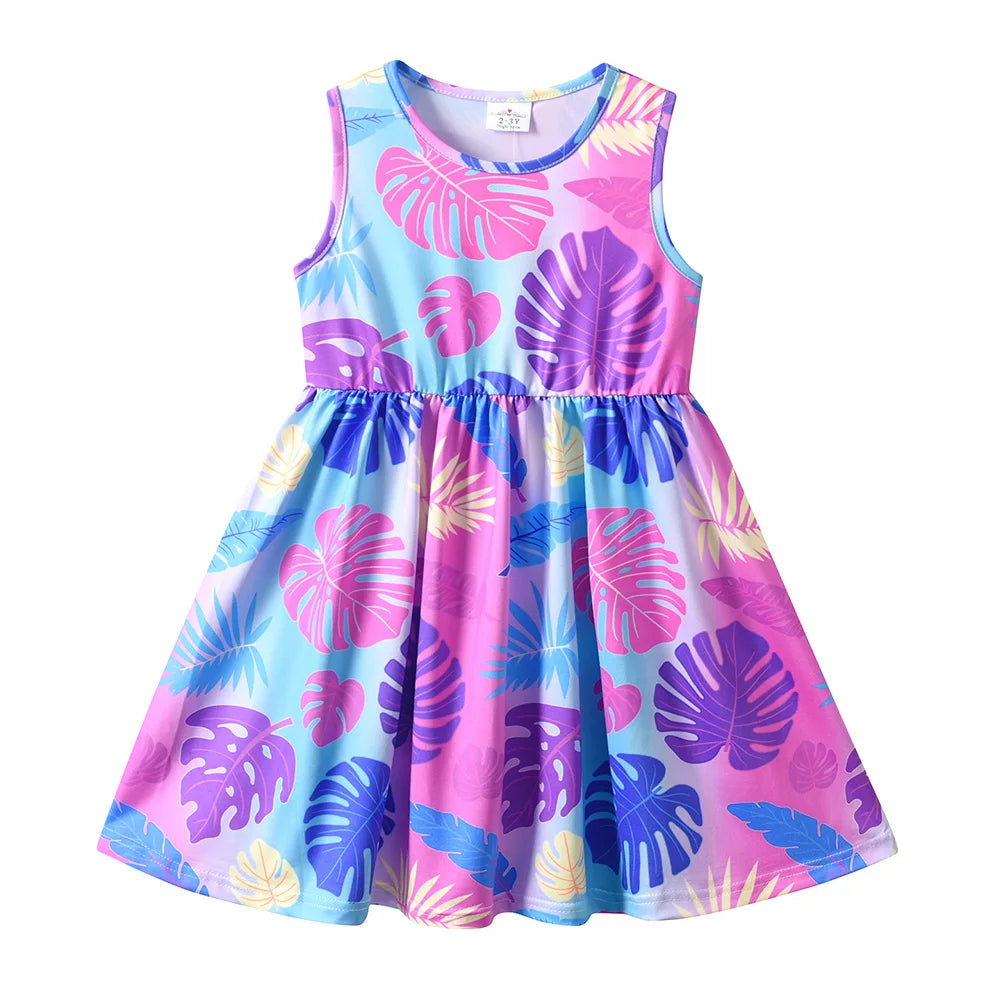 DXTON Kids Floral Dress Summer Ice Cream Print Beach Travel Holiday Dress Kids Sleeveless Casual Dresses Children Clothing 3-12Y
