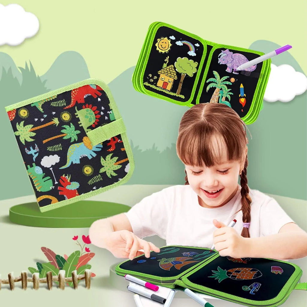 Green Dinosaur Erasable Book Doodle Set Magic Drawing Book Reusable Drawing Book 12 Watercolor Pens 14 Page Drawing for Kids