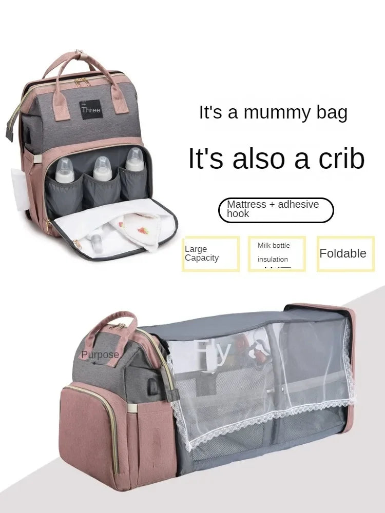 Foldable and Portable Mommy Backpack - with Crib Bed, Straps Large Capacity Diaper Bag Maternity Bag for Baby New Baby Equipment
