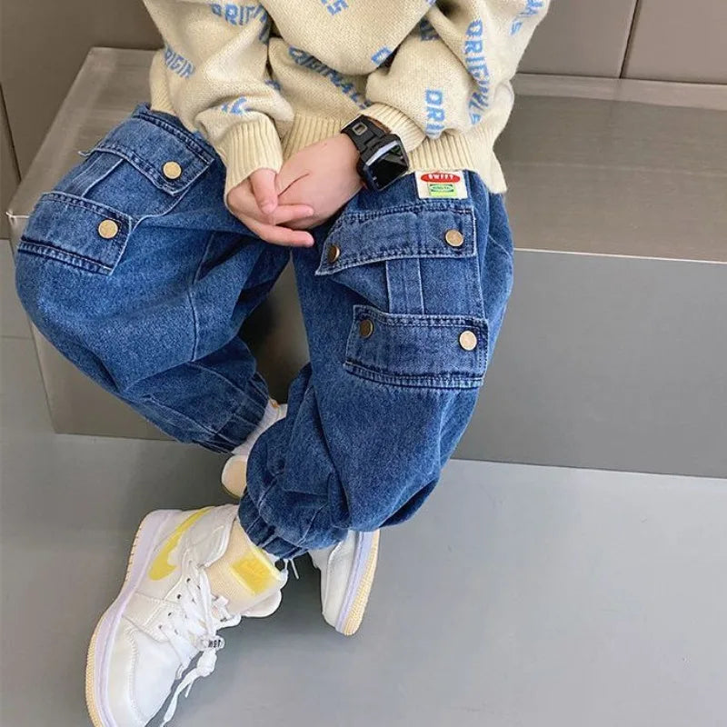 Autumn Boys' Cargo Pants - Durable Denim Jeans for Kids, Streetwear Style, Comfortable & Trendy