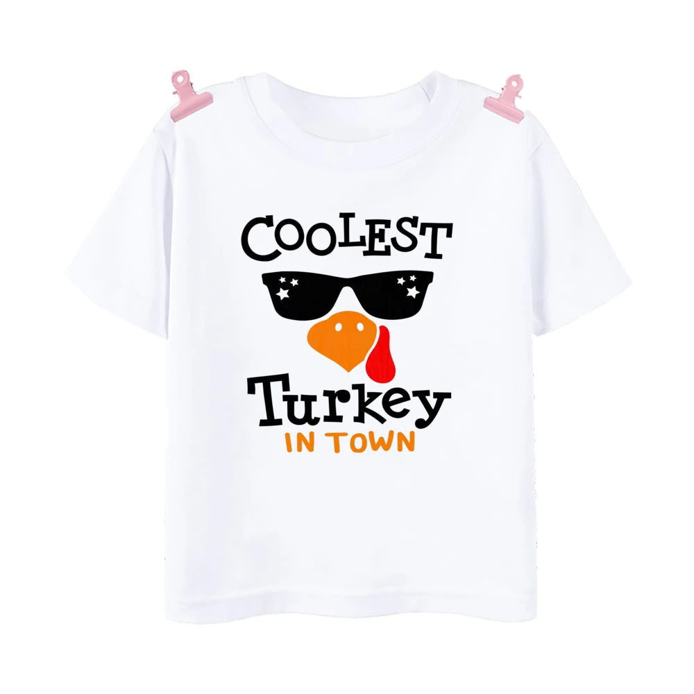 Coolest Turkey in Town Print T Shirt Kid Thanksgiving Clothes Mama's Little Pumpkin Toddler Thanksgiving Tops Cute Halloween Tee