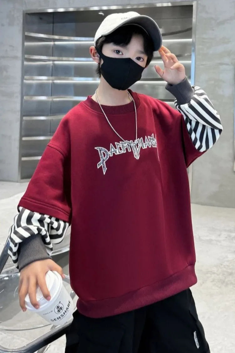 Boys' Medium-Large 2025 New Arrival No Hood Long Sleeve Fake Two-Piece Loose Fit Stylish Sweatshirt for Spring