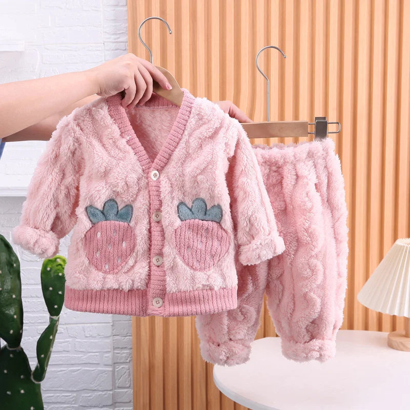 New Winter Baby Girls Clothes Suit Children Thick Warm Long Sleeved Pajama Top And Pants Toddler Casual Costume Kids Sleepwear