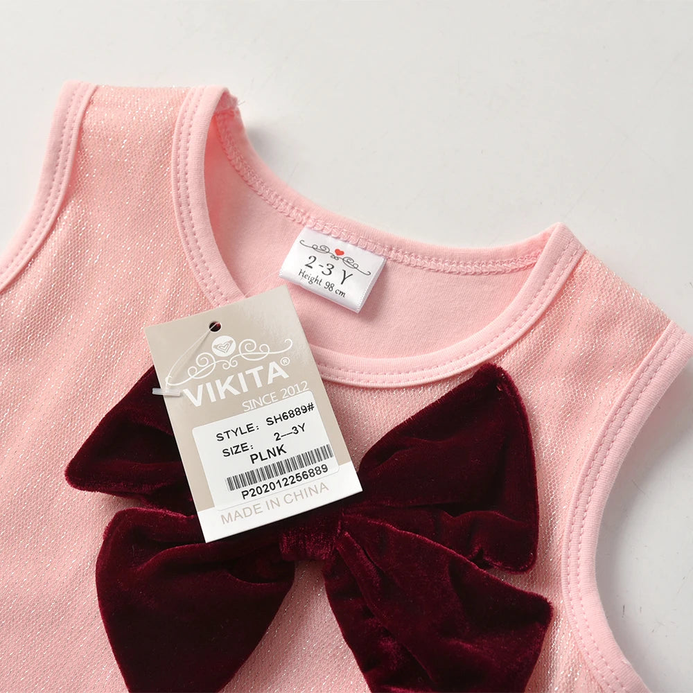 VIKITA Girl Pink Dress Kids Sleeveless Summer Vestidos Toddlers BowKnot Ruffles Cotton Casual Dresses Children Clothing 3-7 Yrs