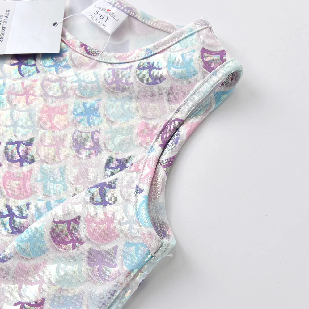 VIKITA Girls Sleeveless Dress for Summer Kids Polyester Dresses for 4-12 Years Girls Mermaid Print A Line Casual Princess Dress