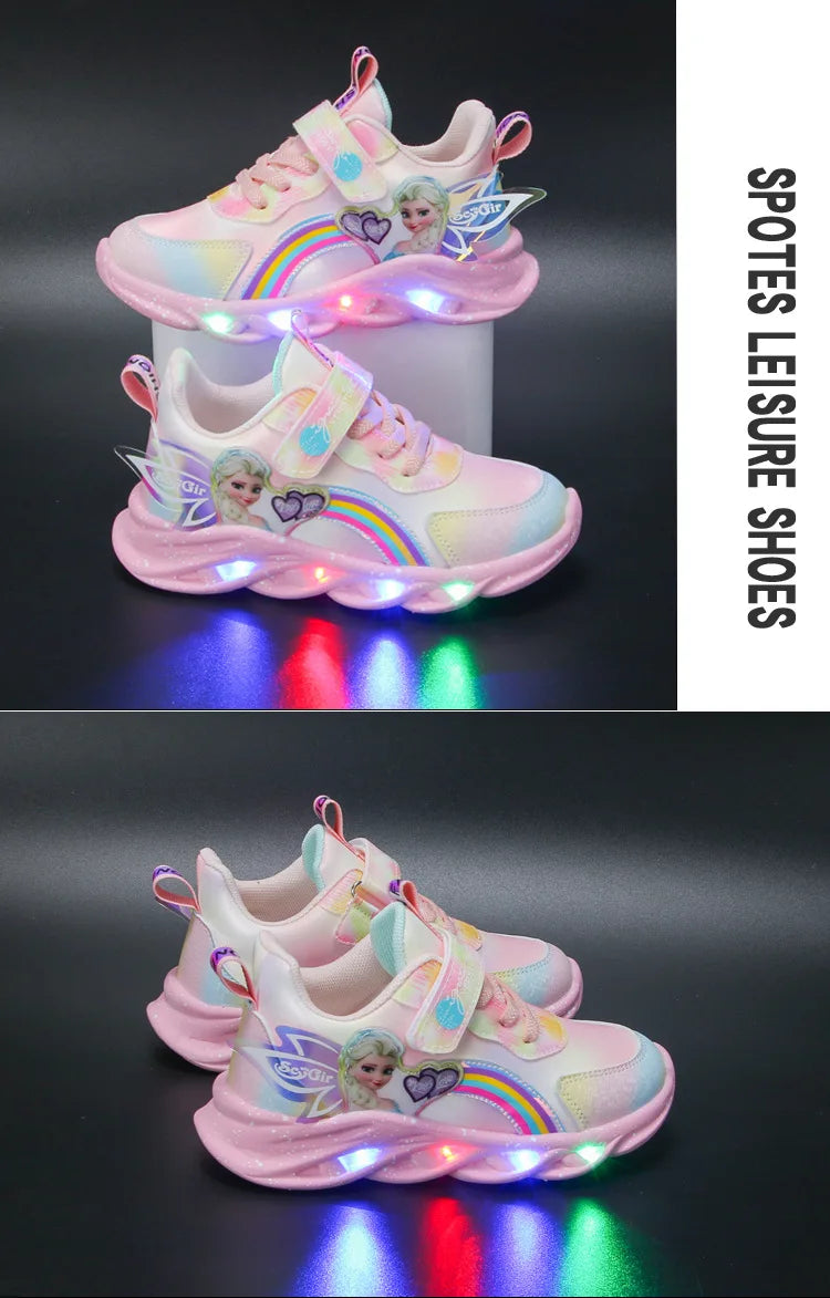 Disney Girls' Casual Shoes Led Lights Mesh Breathable Children's Sports  Princess Elsa Pink Purple Shoes Sneakers Size 22-37