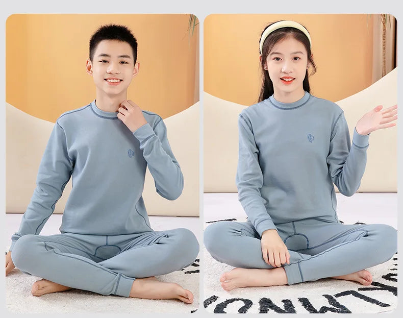 Thermal Underwear for Boys Cotton Thicken Warm Autumn Winter Teenage Children Underwears Set Solid Two Pieces Girls Clothing Set