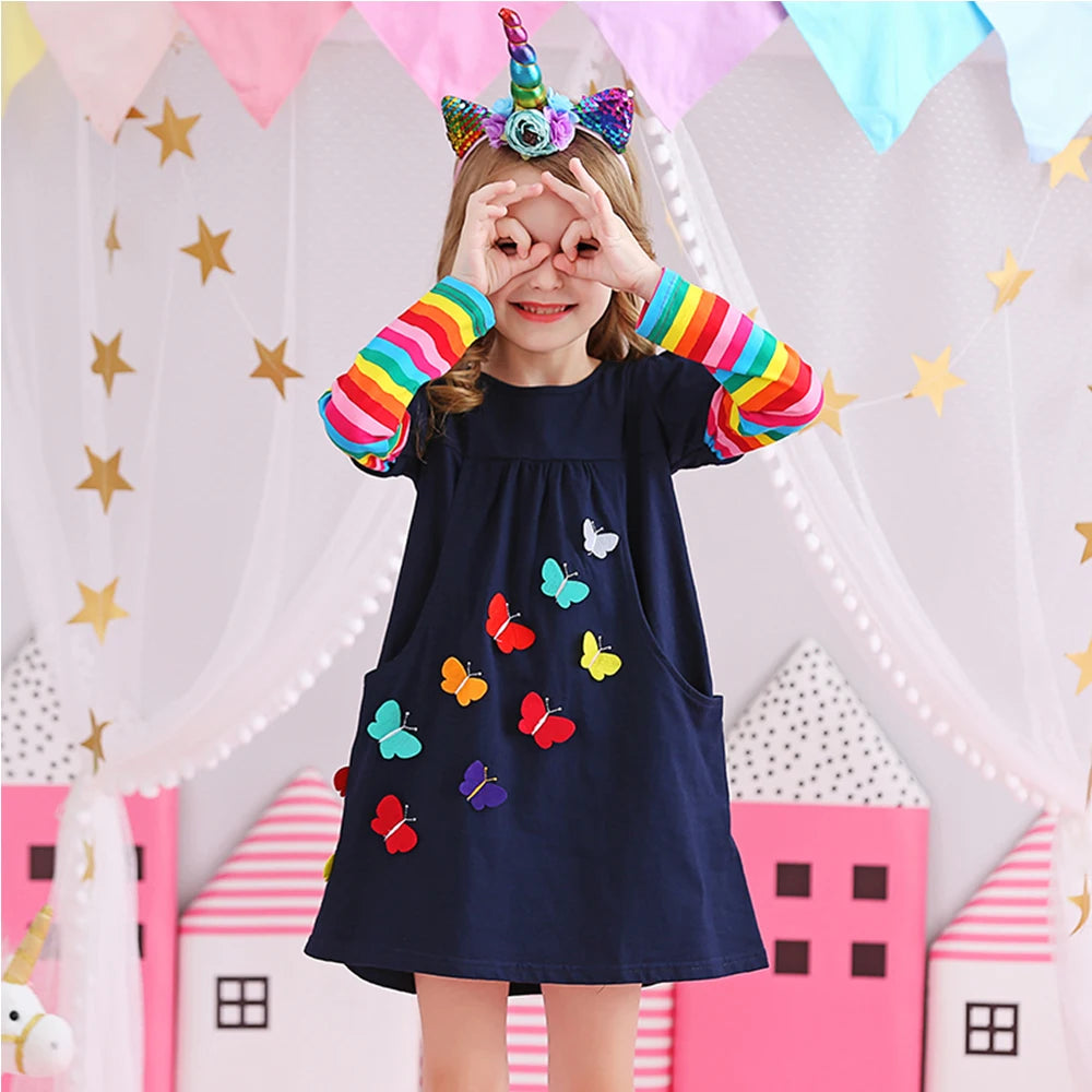 DXTON Winter Toddler Girl Clothes Rainbow Long Sleeve Girls Dresses Butterfly Cotton Children Casual Dress for Kids 2-12 Years