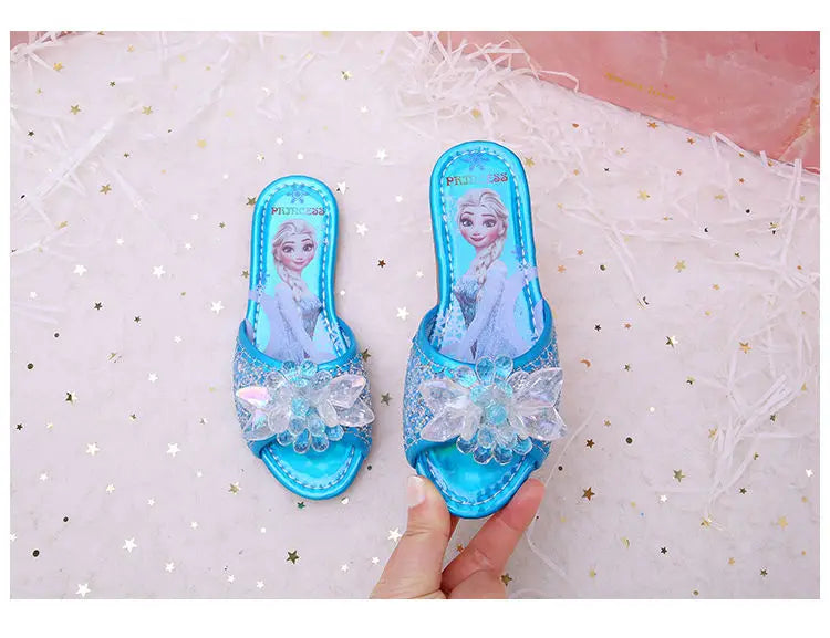 Disney Children's Sandals Frozen Slippers Fashion Elsa Princess Shoes Crystal Flowers Non-slip Blue Pink Silver Girls' Sandals